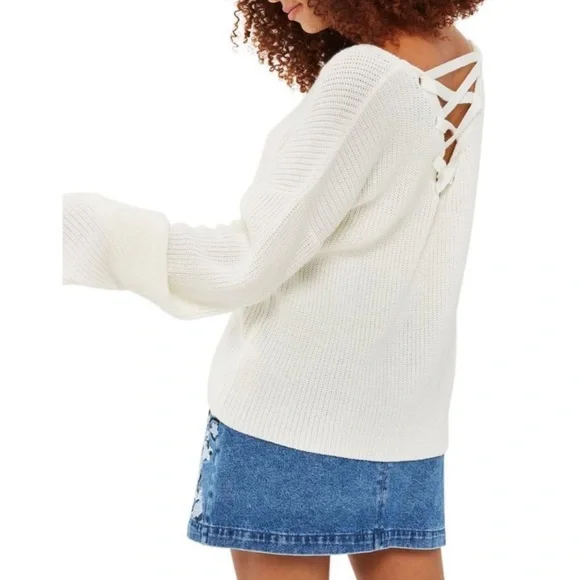 TOPSHOP Women's Cream Lattice Back Boxy Knit Long Bell Sleeve Sweater - Picture 2 of 3